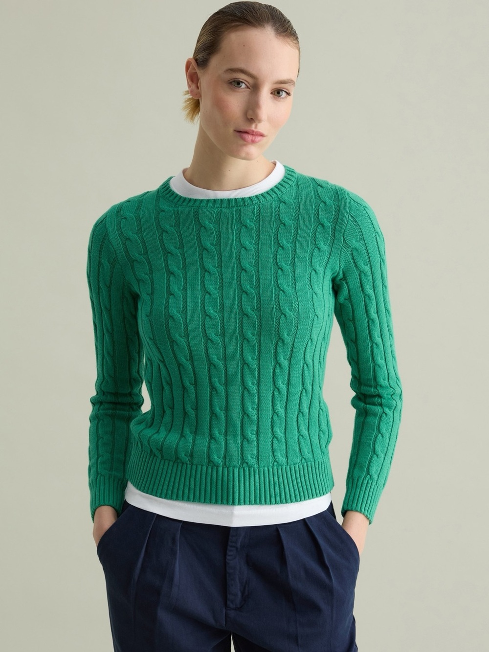 Green Cable-Knit Crewneck Sweater XS